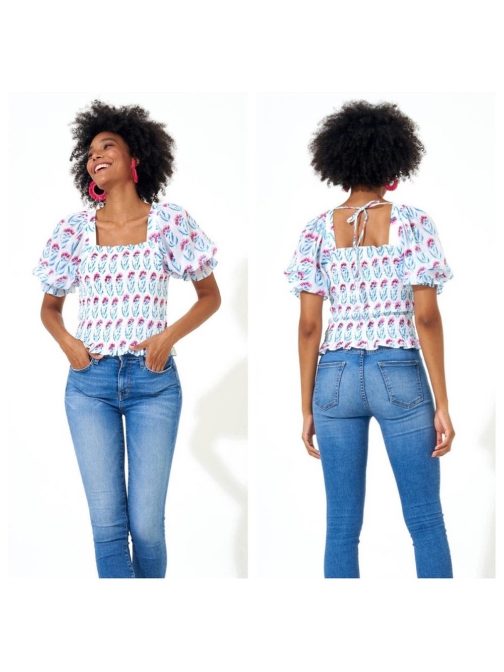 Oliphant Floral Smocked Top square neck puff sleeve blue and pink poppy XL NEW